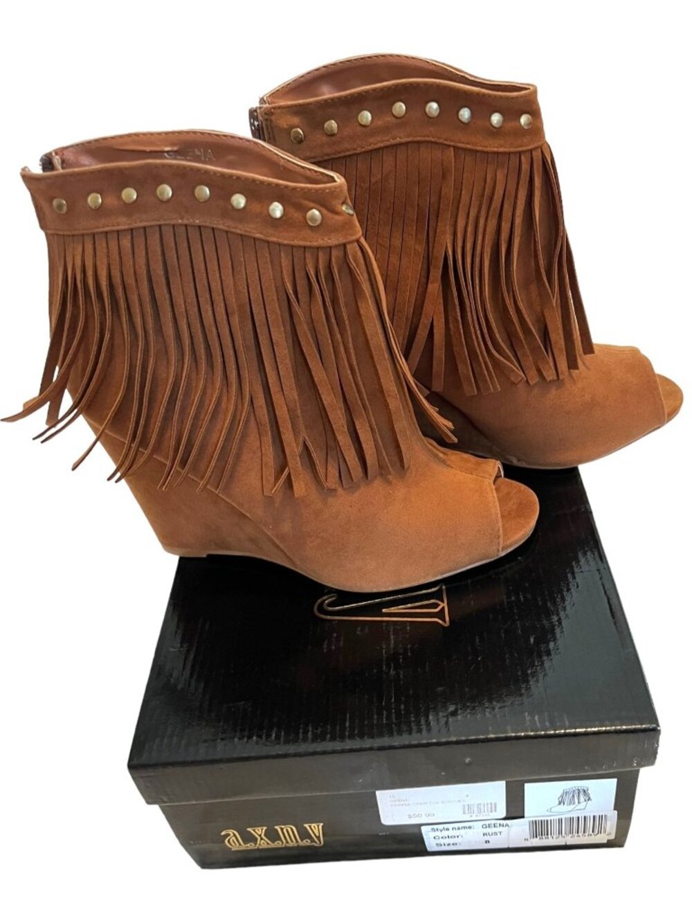 AXNY Geena Fringe Open Toe Booties Rust Size 8 NWB
